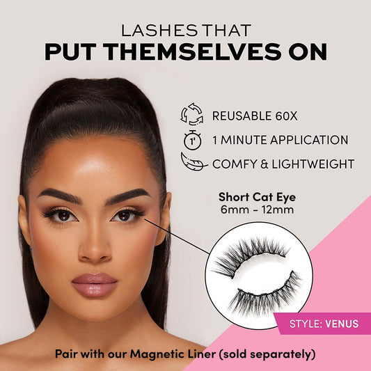 Magnetic Eyelashes - Venus | Short Magnetic Lashes, 60 Wears Reusable High Volume Faux Mink Lashes, Cat Eye, 3D Natural Look - 1 Pair