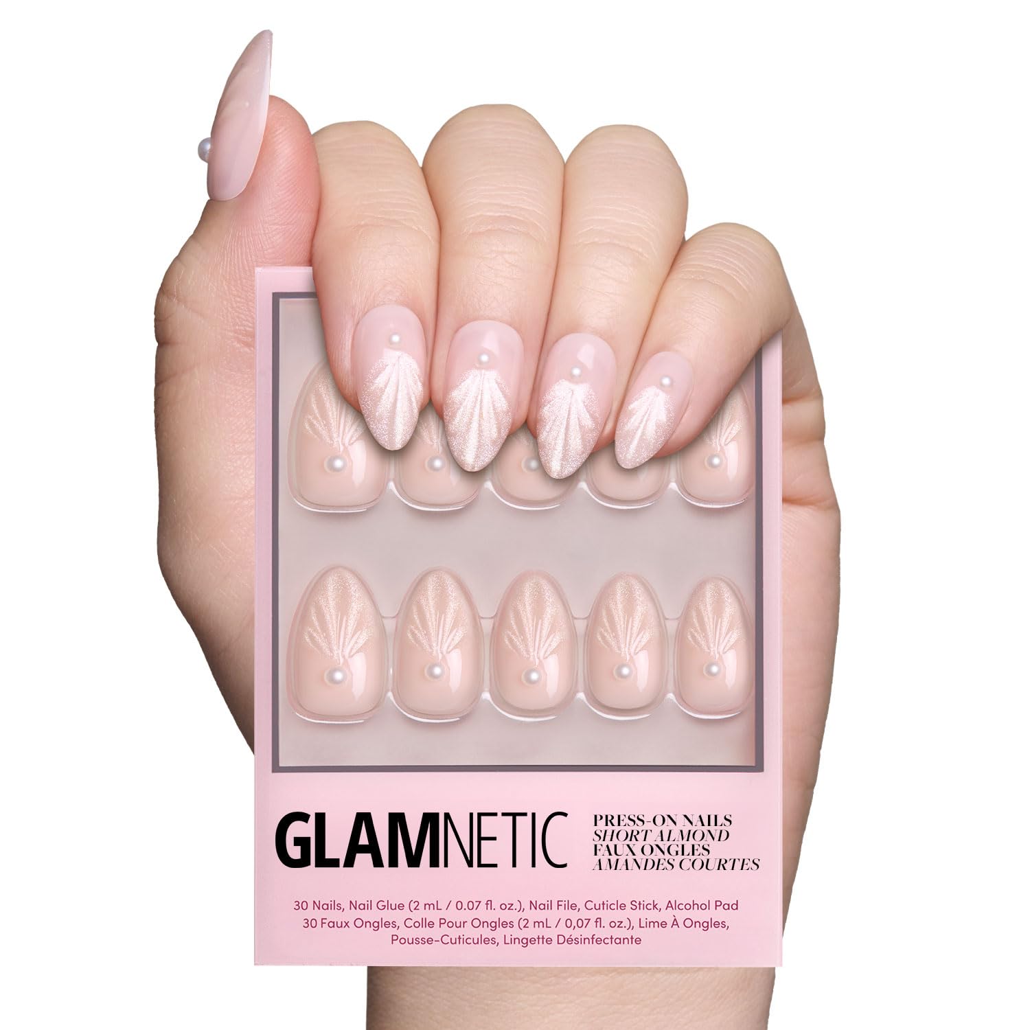 Press On Nails - Honeymoon | Short Almond Nude Fake Nails with 3D Nail Art and Glossy Velvet Finish, Salon Quality | 15 Sizes - 30 Nail Kit with Glue