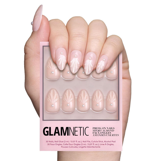 Press On Nails - Honeymoon | Short Almond Nude Fake Nails with 3D Nail Art and Glossy Velvet Finish, Salon Quality | 15 Sizes - 30 Nail Kit with Glue