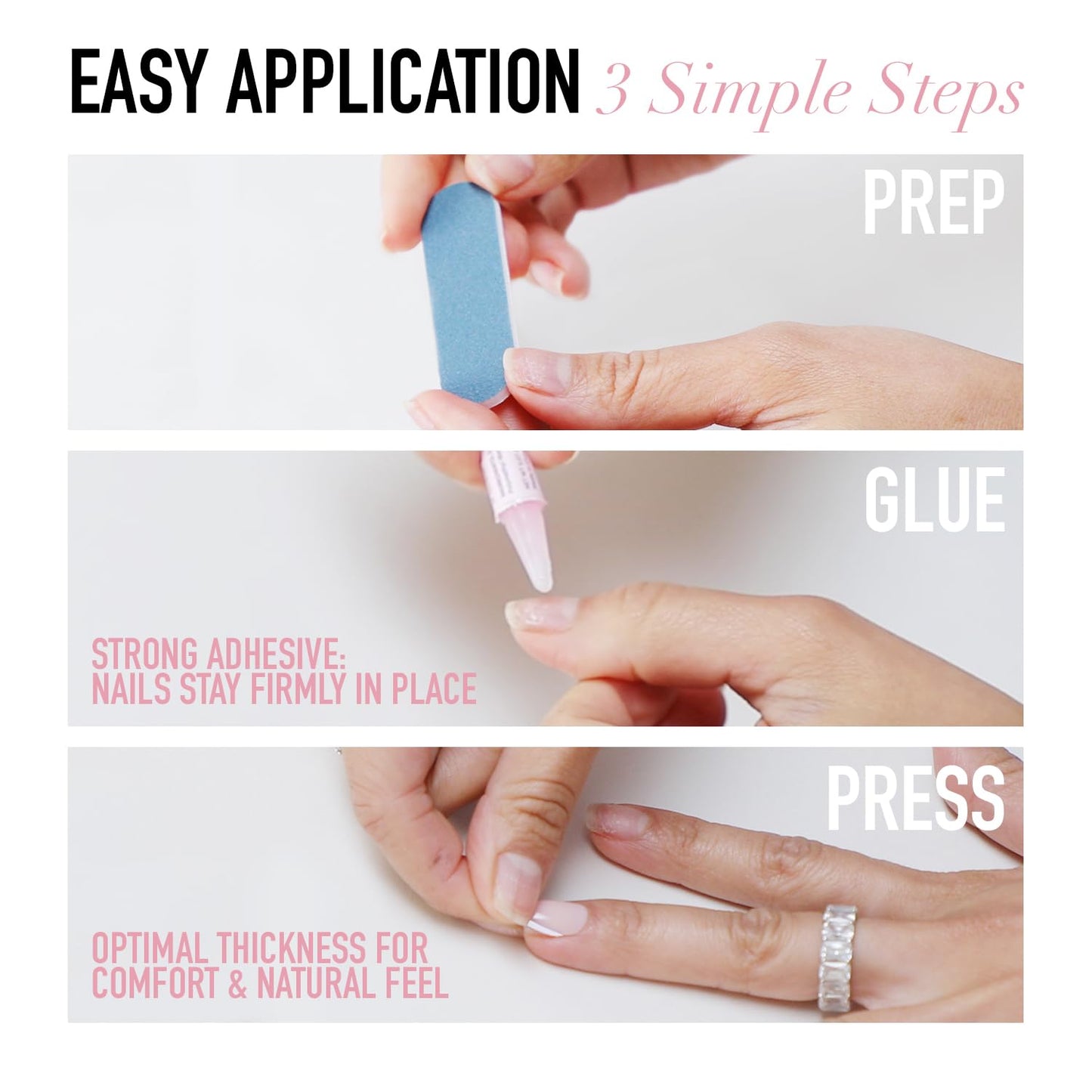 Press On Nails - Caviar | Semi-Transparent, Short Almond Nails, Salon Quality | 15 Sizes - 30 Nail Kit with Glue