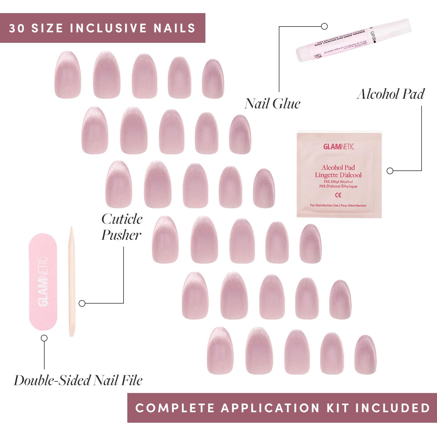 Press On Nails - Fairy Dust | Short Oval Beige-Pink Nails with a Mesmerizing Metallic Finish, Salon Quality | 15 Sizes - 30 Nail Kit with Glue