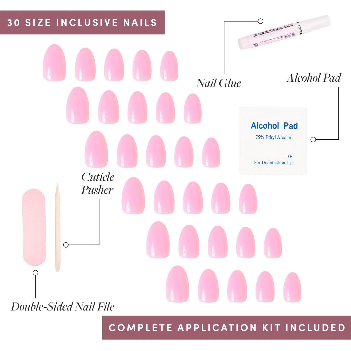 Press On Nails - Think Pink | Solid Opaque Light Pastel Pink Short Oval Nails, Salon Quality | 15 Sizes - 30 Nail Kit