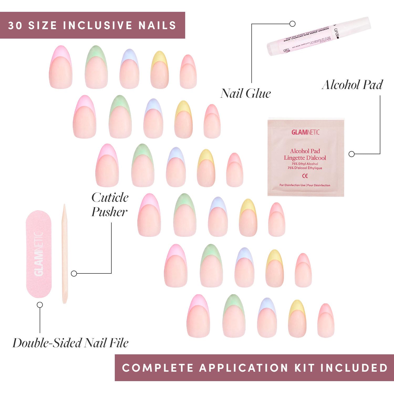 Press On Nails - Confetti | Semi-Transparent, Short Almond Nails, Salon Quality | 15 Sizes - 30 Nail Kit with Glue