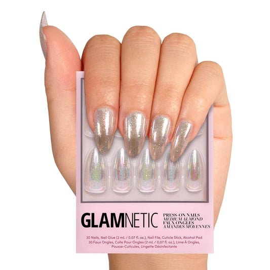 Press On Nails - Stardust | Medium Pointed Almond, Holographic Fake Nails, Salon Quality | 15 Sizes - 30 Nail Kit with Glue