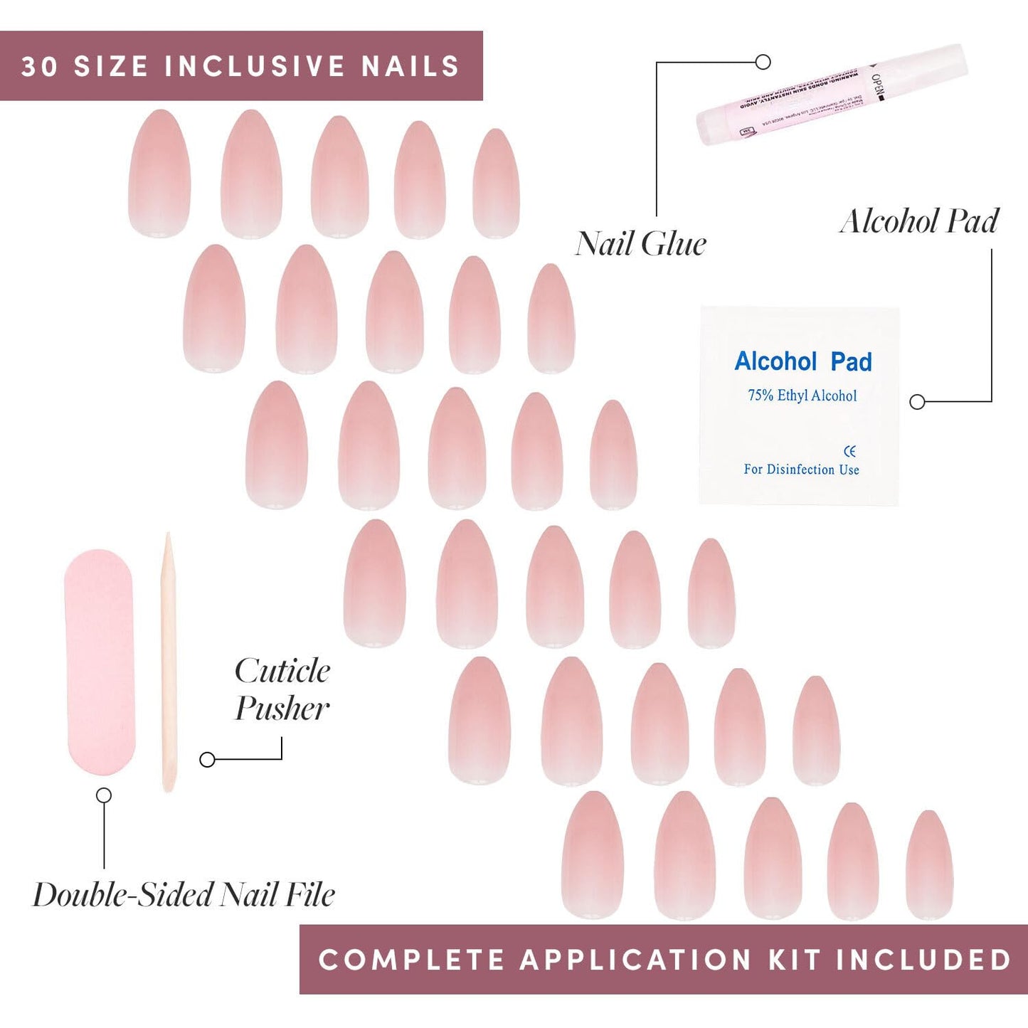 Press On Nails - Cloud 9 | Jelly UV Finish Medium Pointed Almond Shape, Salon Quality Pink Nail Kit in 15 Sizes, Semi-Transparent - 30 Nail Kit with Glue