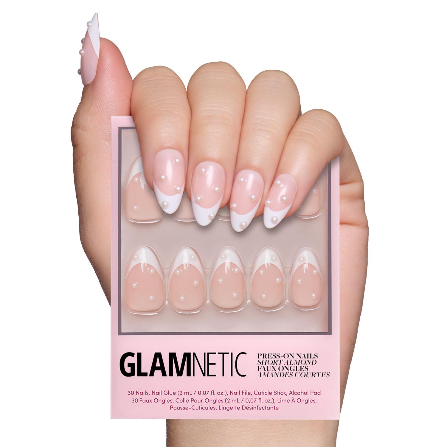 Press On Nails - French Pearl | Glossy, Short Almond French Tip Nails with 3D Accents, Salon Quality | 15 Sizes - 30 Nail Kit with Glue
