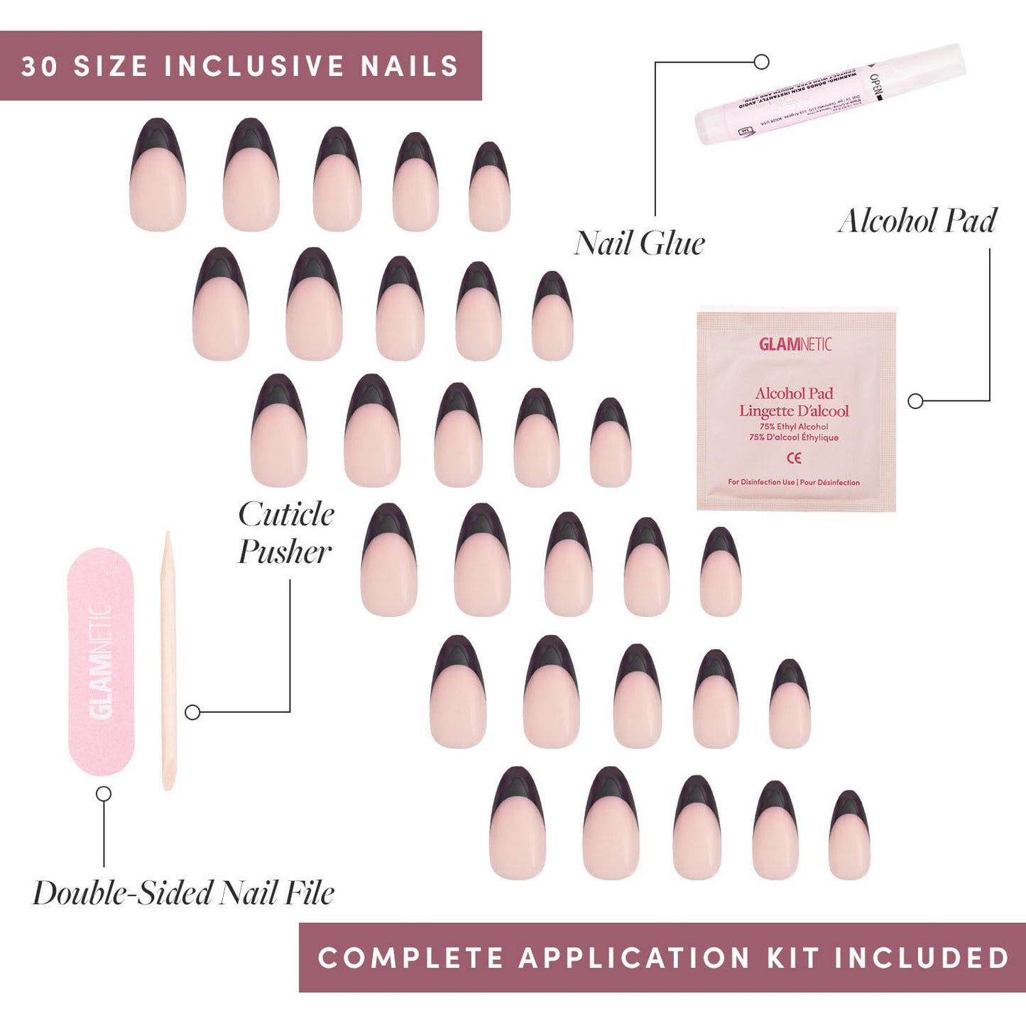 Press On Nails - Caviar | Semi-Transparent, Short Almond Nails, Salon Quality | 15 Sizes - 30 Nail Kit with Glue