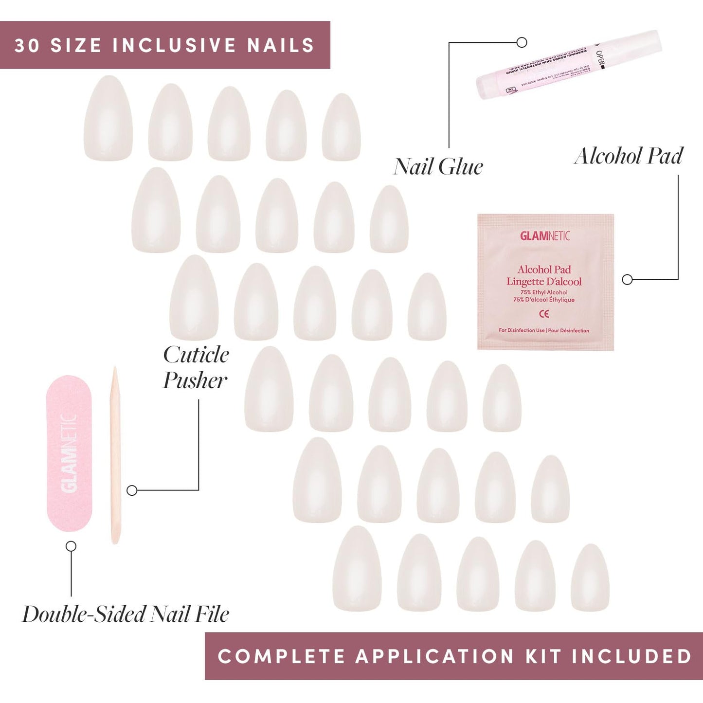 Press On Nails - Hailey | Glossy, Semi-Transparent, Short Almond Nails, Salon Quality | 15 Sizes - 30 Nail Kit with Glue