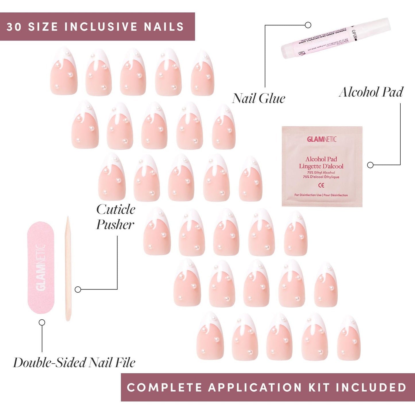 Press On Nails - French Pearl | Glossy, Short Almond French Tip Nails with 3D Accents, Salon Quality | 15 Sizes - 30 Nail Kit with Glue