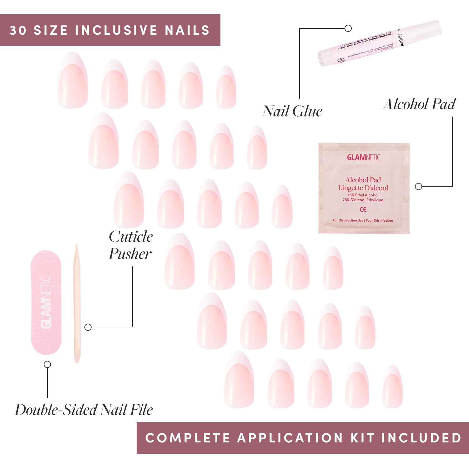 Press On Nails - MaDamn | French Tip Nails, UV Finish Short Pointed Almond Shape, Salon Quality Semi-Transparent Nails in 12 Sizes - 24 Nail Kit with Glue