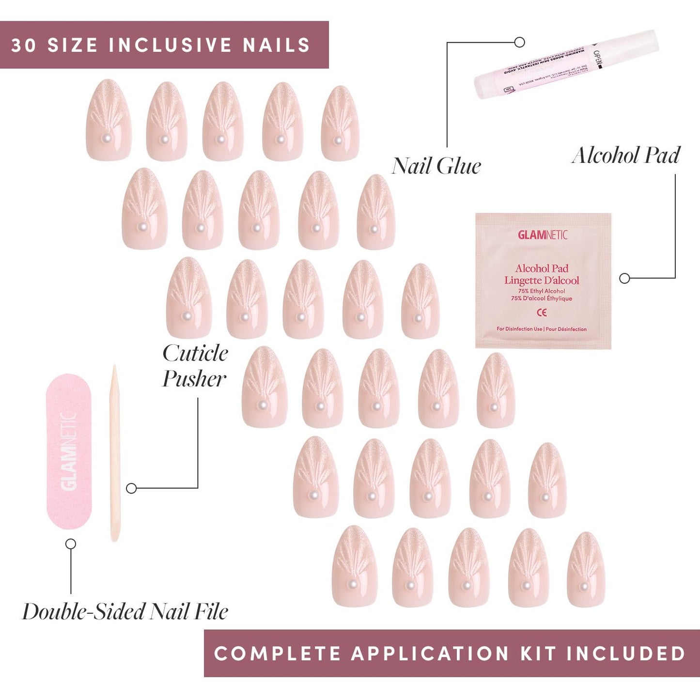 Press On Nails - Honeymoon | Short Almond Nude Fake Nails with 3D Nail Art and Glossy Velvet Finish, Salon Quality | 15 Sizes - 30 Nail Kit with Glue
