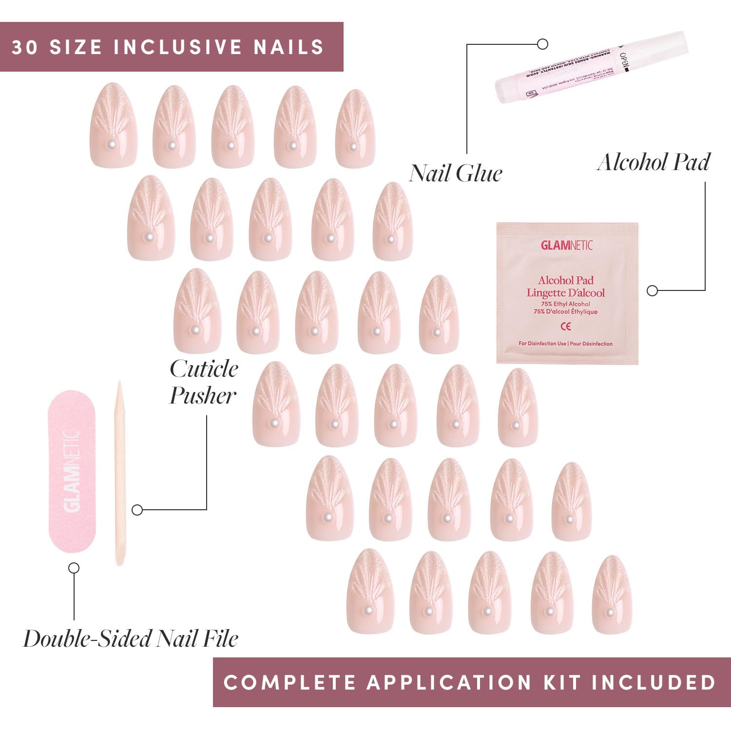 Press On Nails - Honeymoon | Short Almond Nude Fake Nails with 3D Nail Art and Glossy Velvet Finish, Salon Quality | 15 Sizes - 30 Nail Kit with Glue