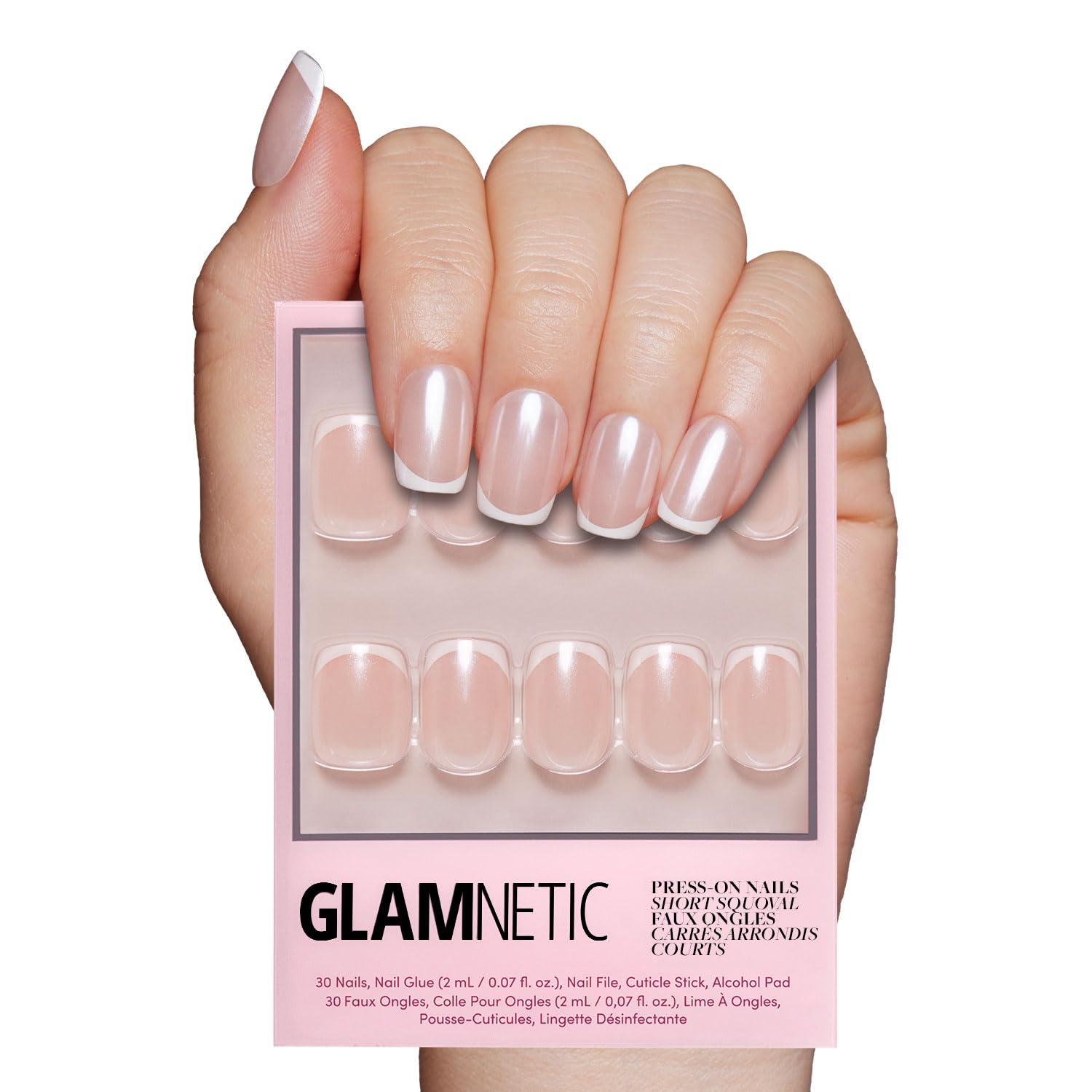 Press On Nails - La Perle | Semi-Transparent Squoval French Tip Nails, Salon Quality | 15 Sizes - 30 Nail Kit with Glue