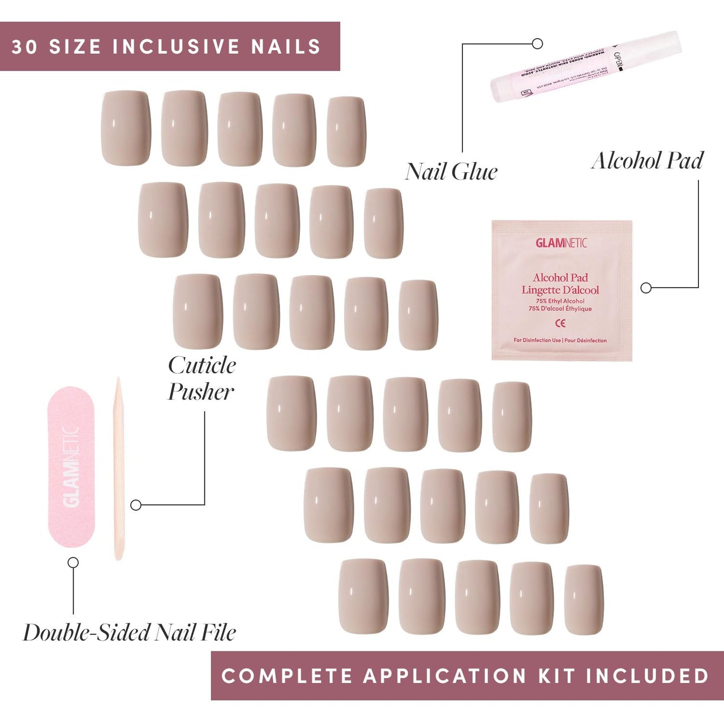 Press On Nails - Bare Bliss | Medium Square Fake Nails, Nude Opaque Neutral, Salon Quality | 15 Sizes - 30 Nail Kit Wtih Glue