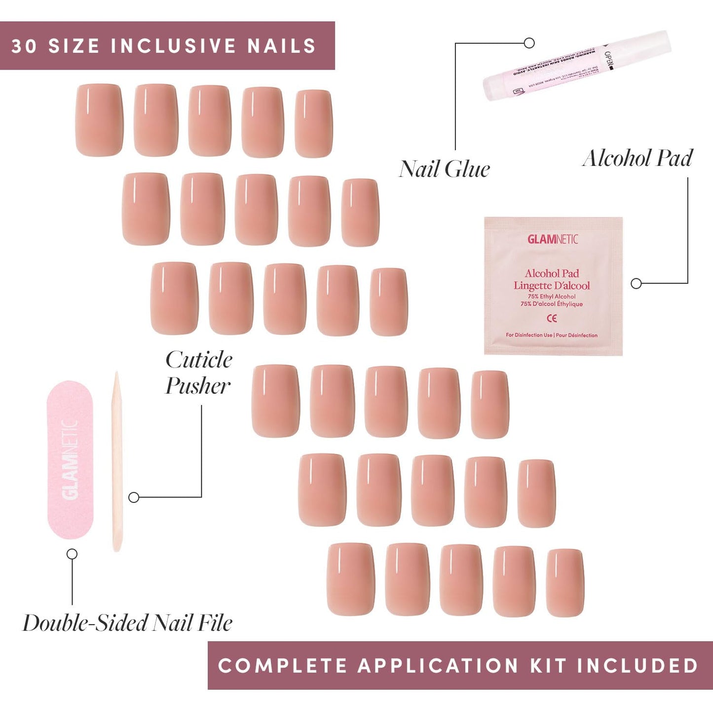 Press On Nails - In The Nude | Medium Square Fake Nails, Sheer Nude Neutral, Salon Quality | 15 Sizes - 30 Nail Kit