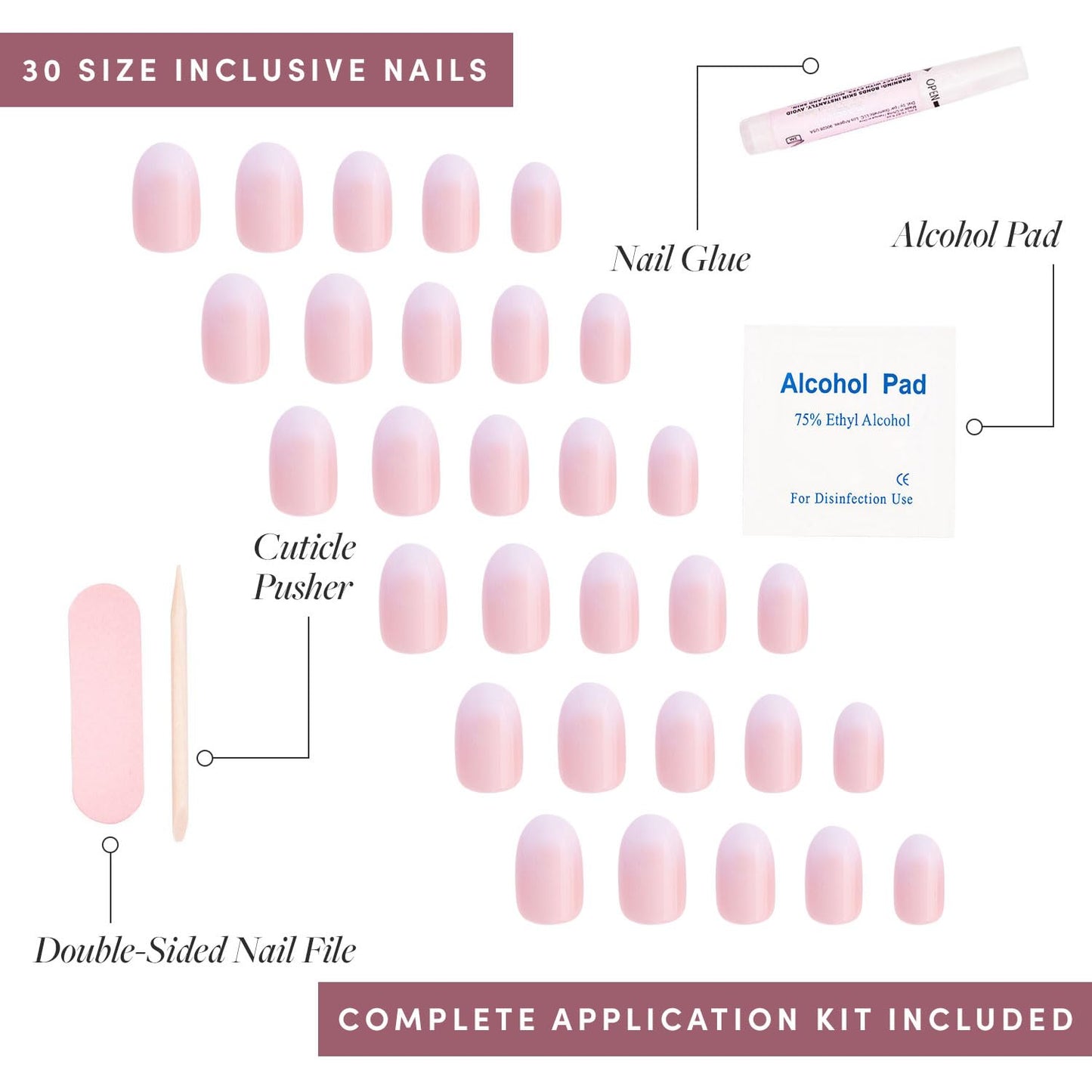 Press On Nails - Creamer | UV Finish Neutral Ombre Short Round Nails, Salon Quality | 15 Sizes - 30 Nail Kit with Glue