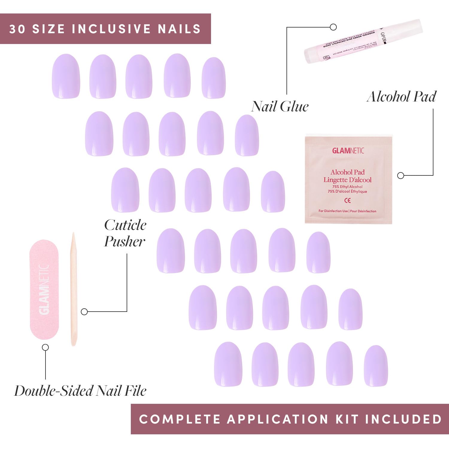 Press On Nails - Lilac | Solid Opaque Light Pastel Purple Round Nails, Salon Quality | 12 Sizes - 30 Nail Kit