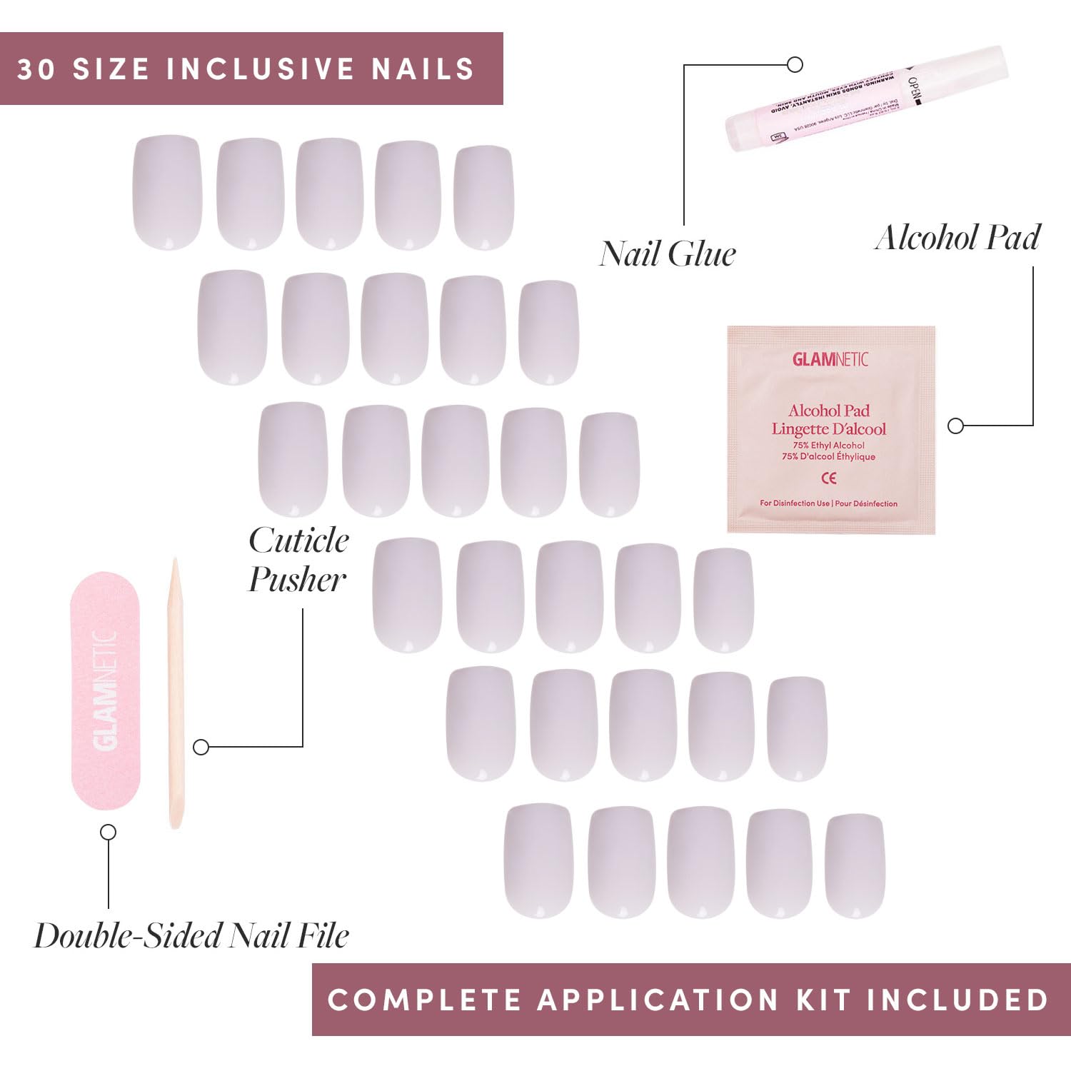 Press On Nails - Lilac Gray | Opaque Pale Light Lilac Gray Short Squoval Fake Nails, Salon Quality | 15 Sizes - 30 Nail Kit