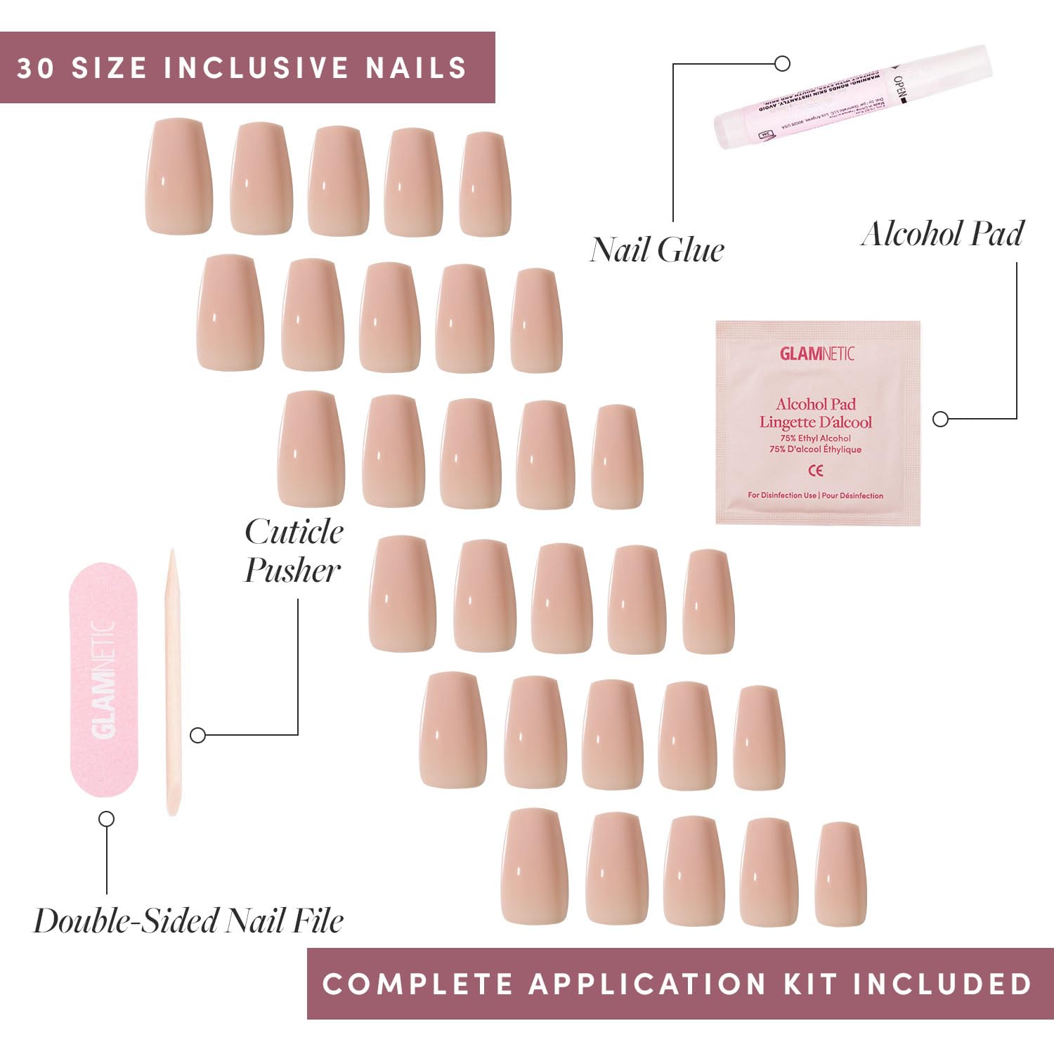 Press On Nails - Exposed | Medium Coffin Fake Nails, Nude Opaque Neutral, Salon Quality | 15 Sizes - 30 Nail Kit