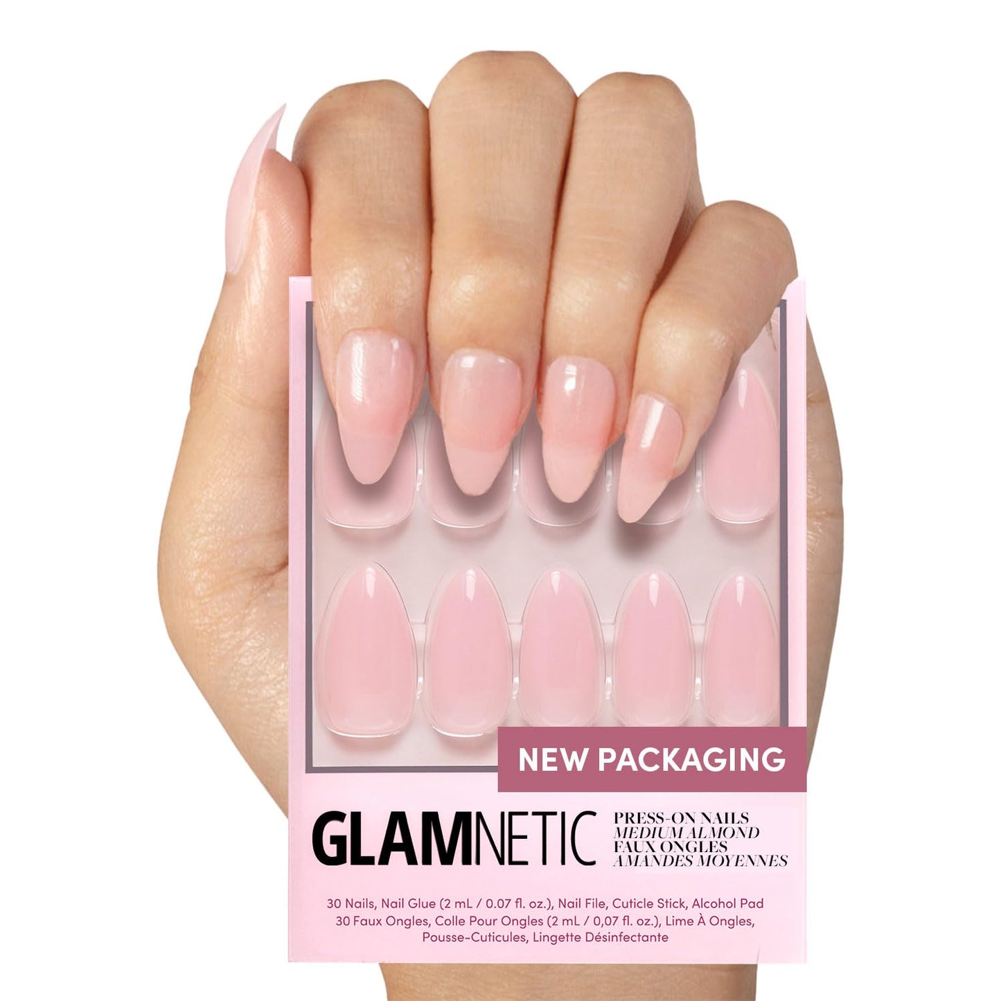 Press On Nails - Cloud 9 | Jelly UV Finish Medium Pointed Almond Shape, Salon Quality Pink Nail Kit in 15 Sizes, Semi-Transparent - 30 Nail Kit with Glue
