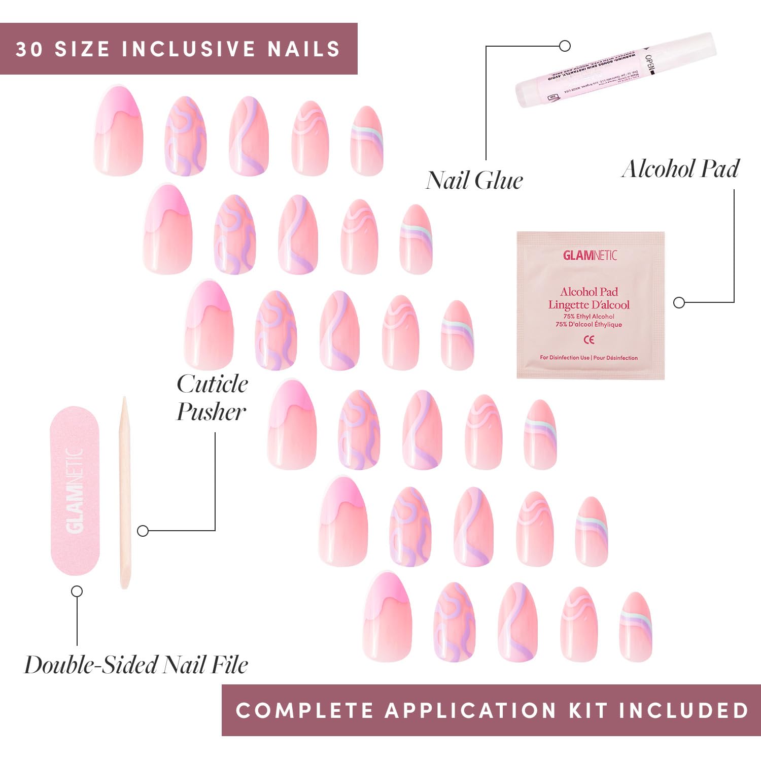 Press On Nails - Wild Card | Opaque UV Finish Short Pointed Almond Shape, Salon Quality Pastel Nails in 12 Sizes - 24 Nail Kit with Glue