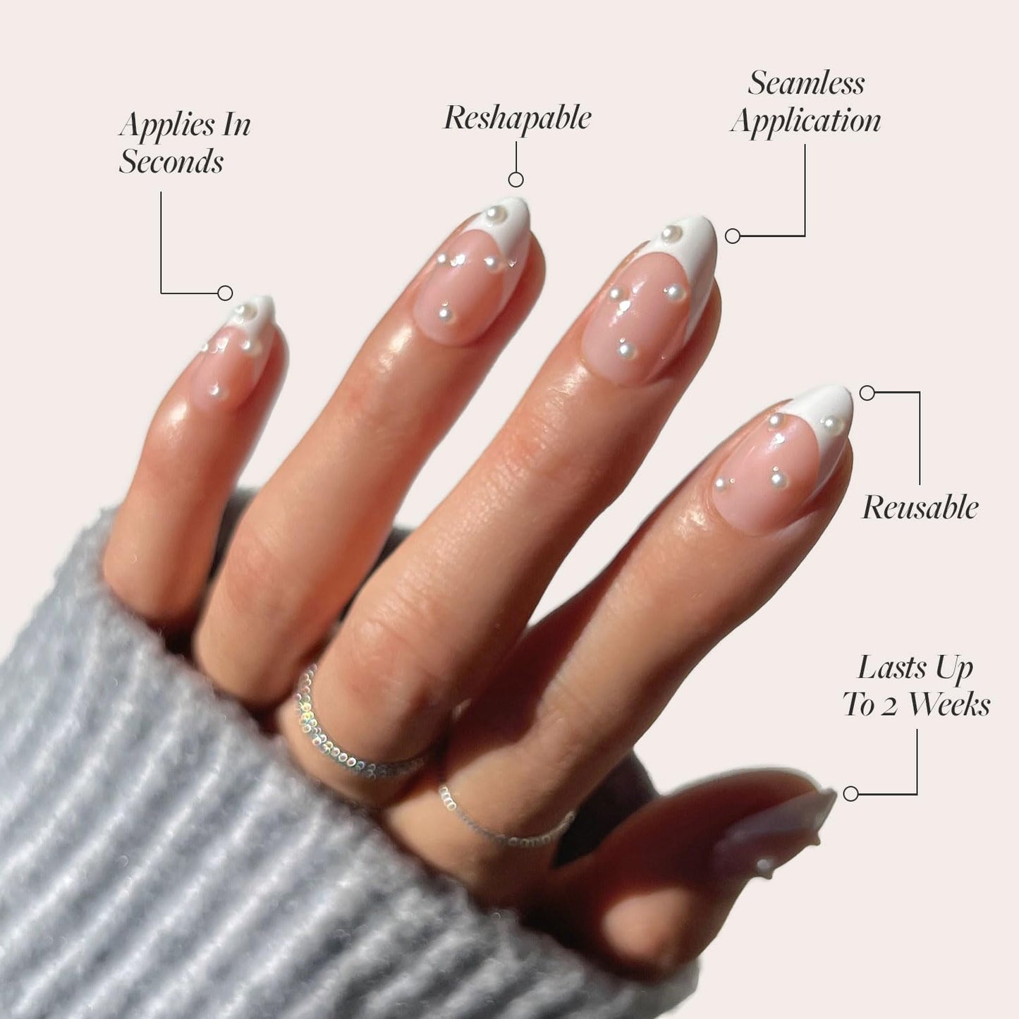 Press On Nails - French Pearl | Glossy, Short Almond French Tip Nails with 3D Accents, Salon Quality | 15 Sizes - 30 Nail Kit with Glue