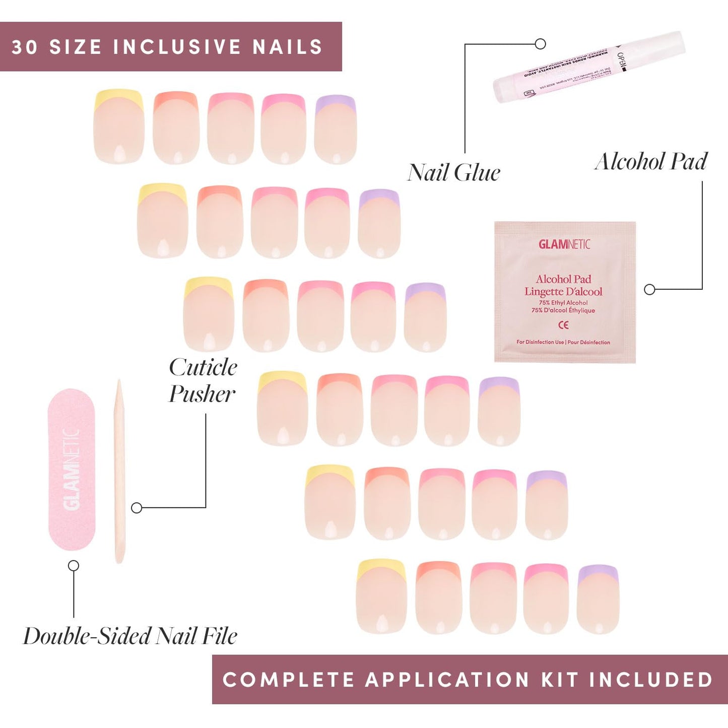 Press On Nails - Macarons | Short Squoval Fake Nails with Multicolored Pastel French Tips and Glossy Finish, Salon Quality | 15 Sizes - 30 Nail Kit with Glue