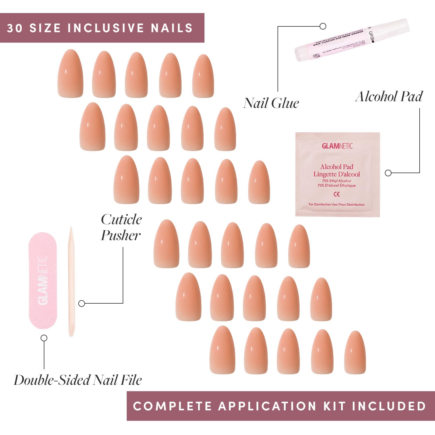 Press On Nails - Sheer Peach | Medium Almond Fake Nails, Sheer Peach Pink Neutral, Salon Quality | 15 Sizes - 30 Nail Kit Wtih Glue