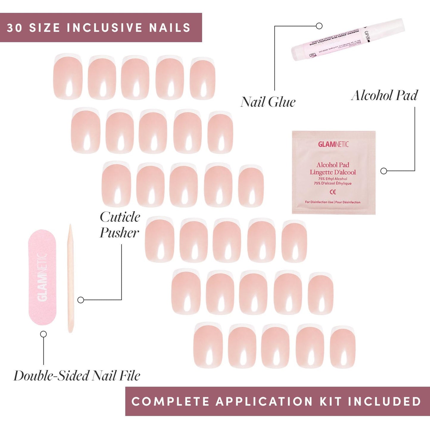 Press On Nails - La Perle | Semi-Transparent Squoval French Tip Nails, Salon Quality | 15 Sizes - 30 Nail Kit with Glue