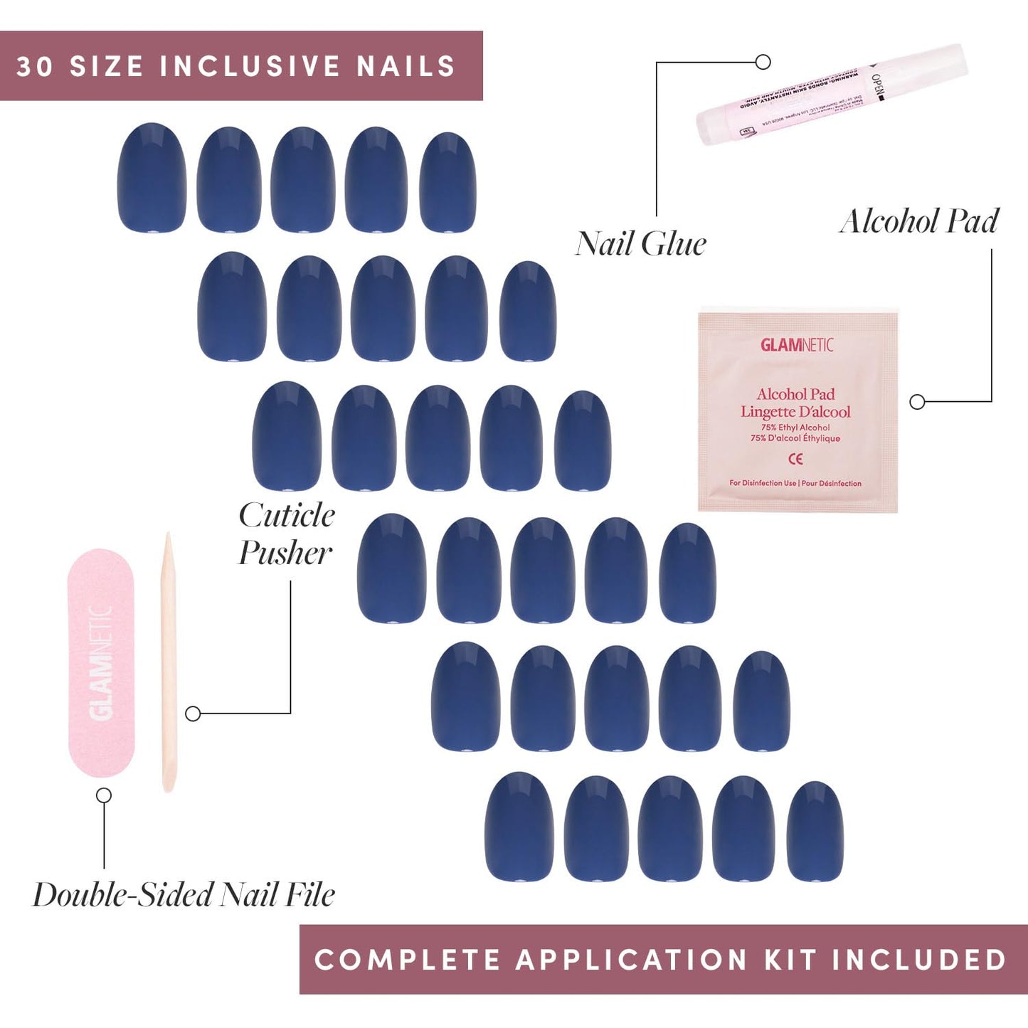 Press On Nails - Regal Blue | Opaque Dark, Moody Blue Short Round Fake Nails, Salon Quality | 12 Sizes - 30 Nail Kit