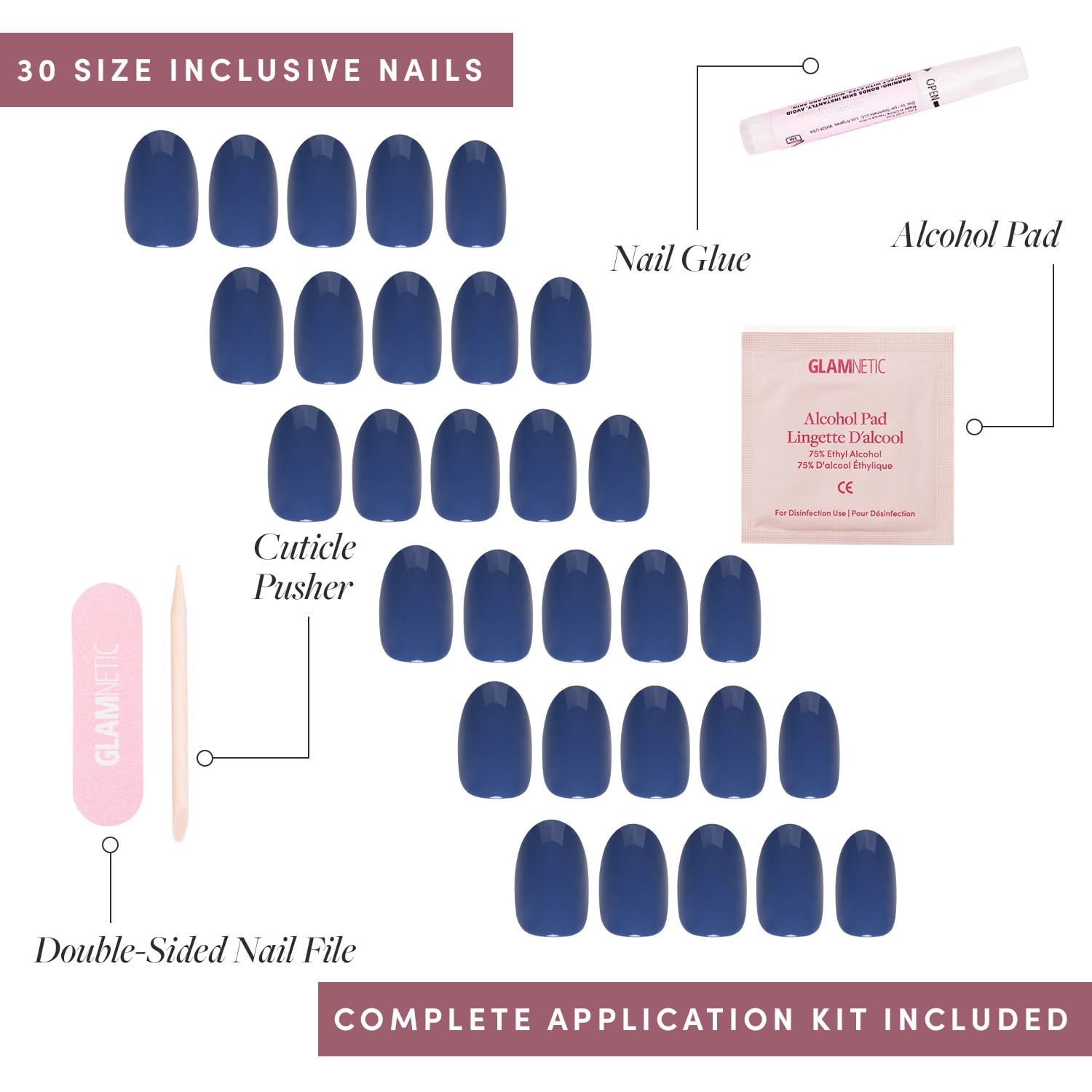 Press On Nails - Regal Blue | Opaque Dark, Moody Blue Short Round Fake Nails, Salon Quality | 12 Sizes - 30 Nail Kit