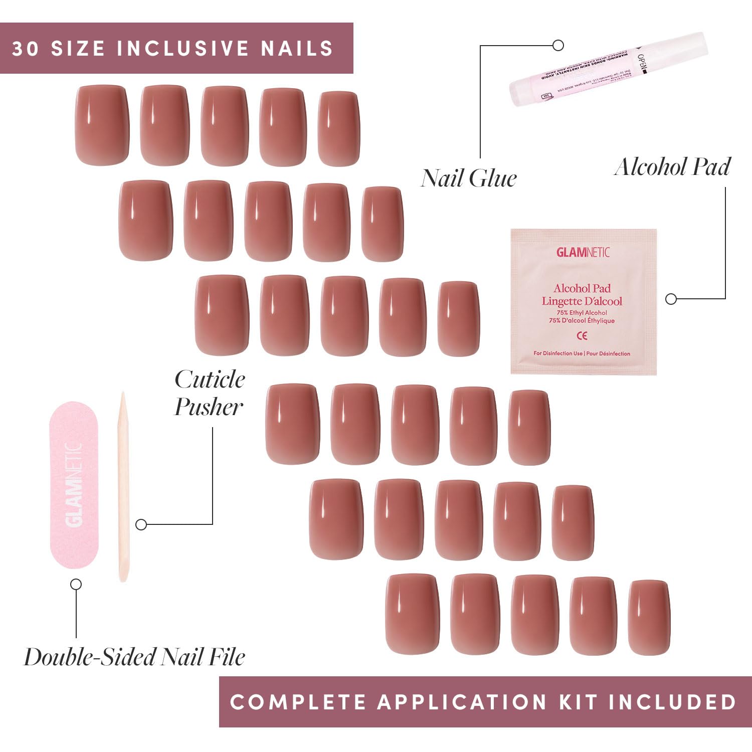 Press On Nails - Dusty Pink | Medium Square Fake Nails, Sheer Mauve Neutral, Salon Quality | 15 Sizes - 30 Nail Kit