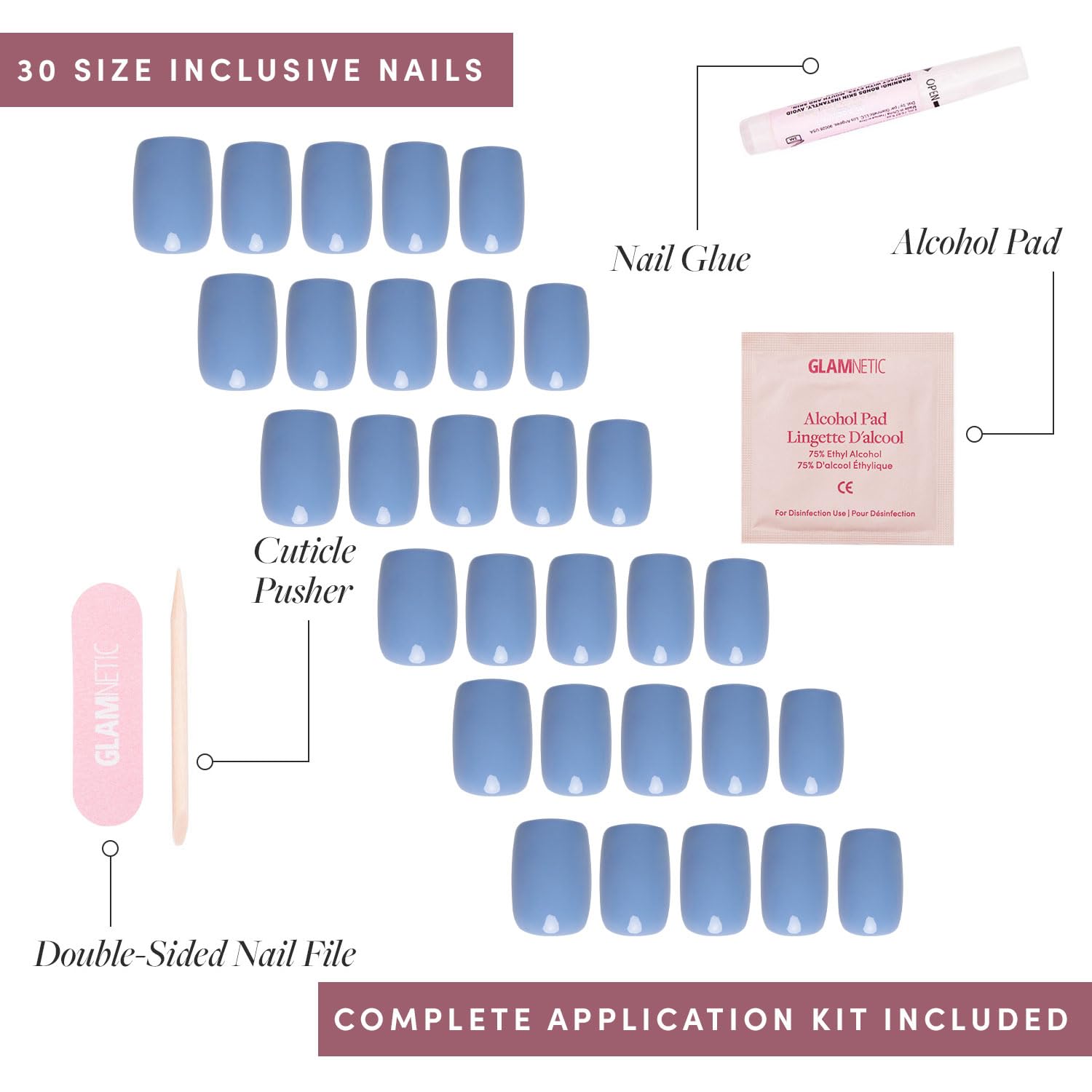 Press On Nails - Cashmere Blue | Opaque Soft Pale Sky Blue Short Squoval Fake Nails, Salon Quality | 15 Sizes - 30 Nail Kit