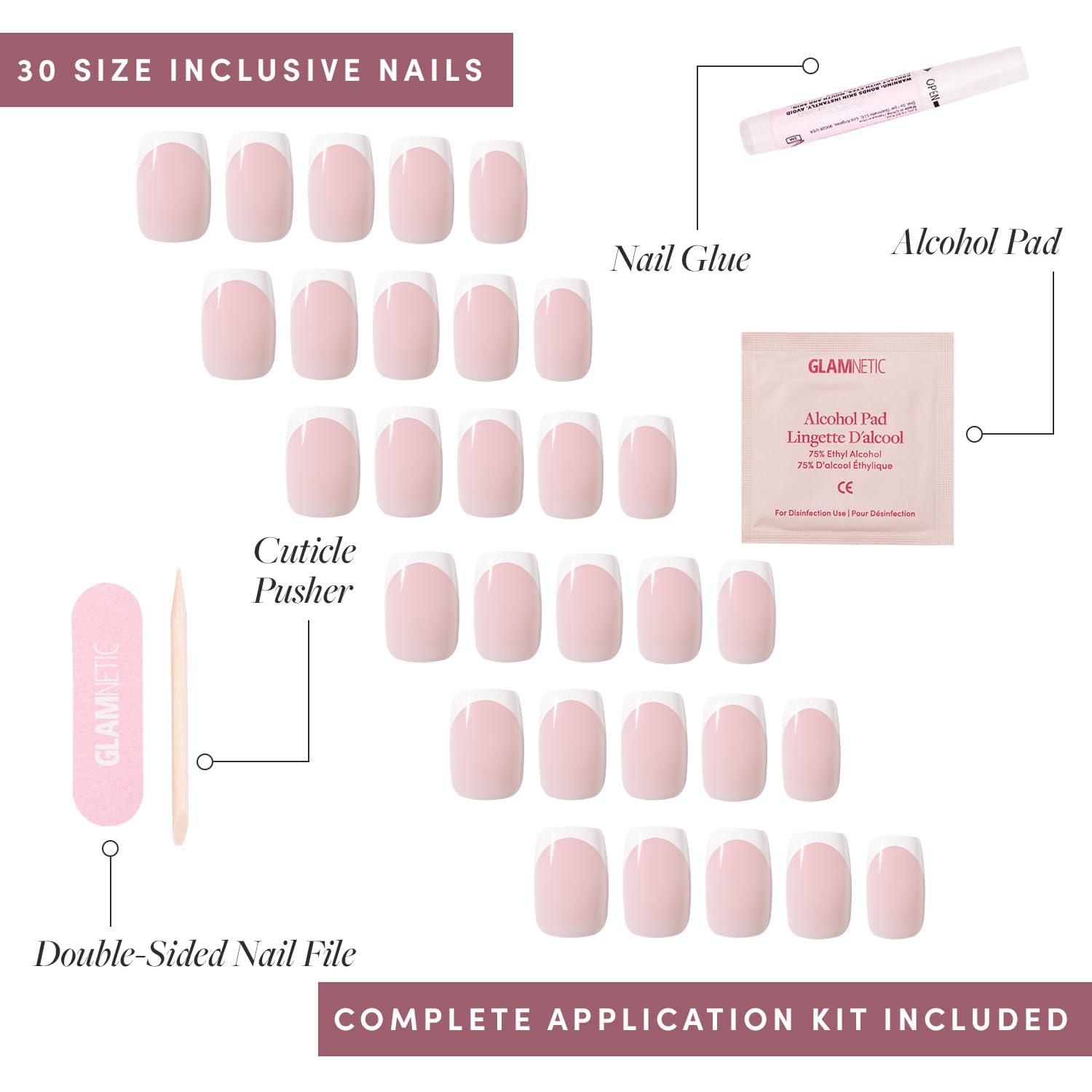 Press On Nails - Classy French | Medium Square Fake Nails, Trendy Micro French Tip, Salon Quality | 15 Sizes - 30 Nail Kit