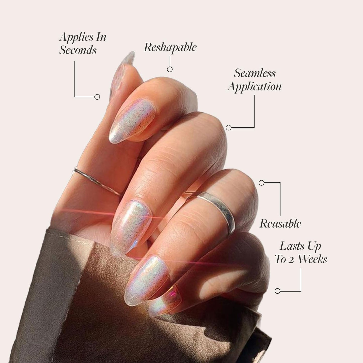 Press On Nails - Stardust | Medium Pointed Almond, Holographic Fake Nails, Salon Quality | 15 Sizes - 30 Nail Kit with Glue