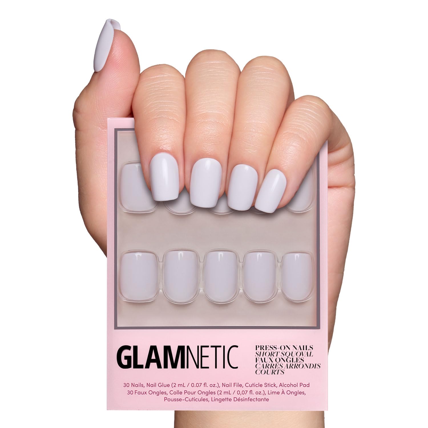 Press On Nails - Lilac Gray | Opaque Pale Light Lilac Gray Short Squoval Fake Nails, Salon Quality | 15 Sizes - 30 Nail Kit