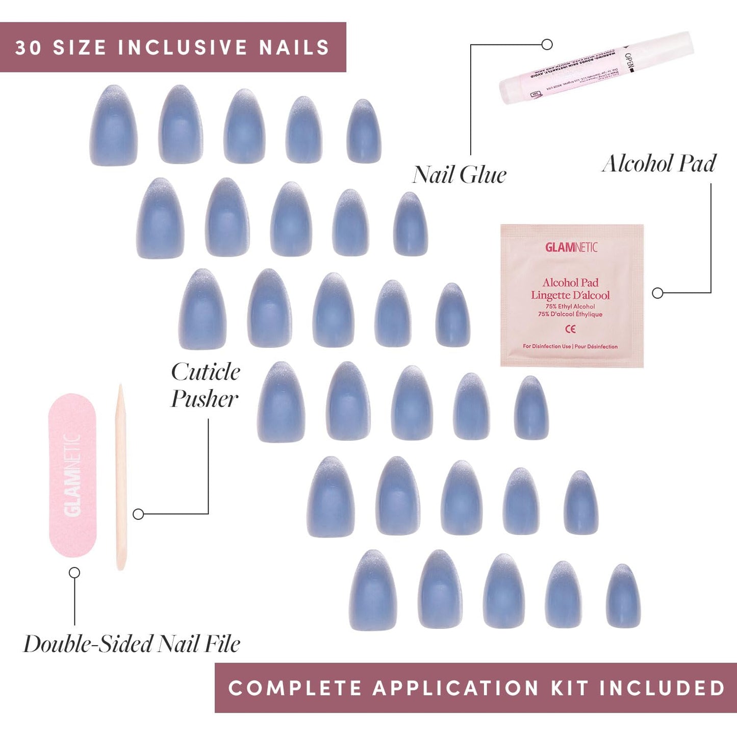 Press On Nails - Baby Blues | Short Almond, Pastel Blue Nails with a Mesmerizing Metallic Finish | 15 Sizes - 30 Nail Kit with Glue