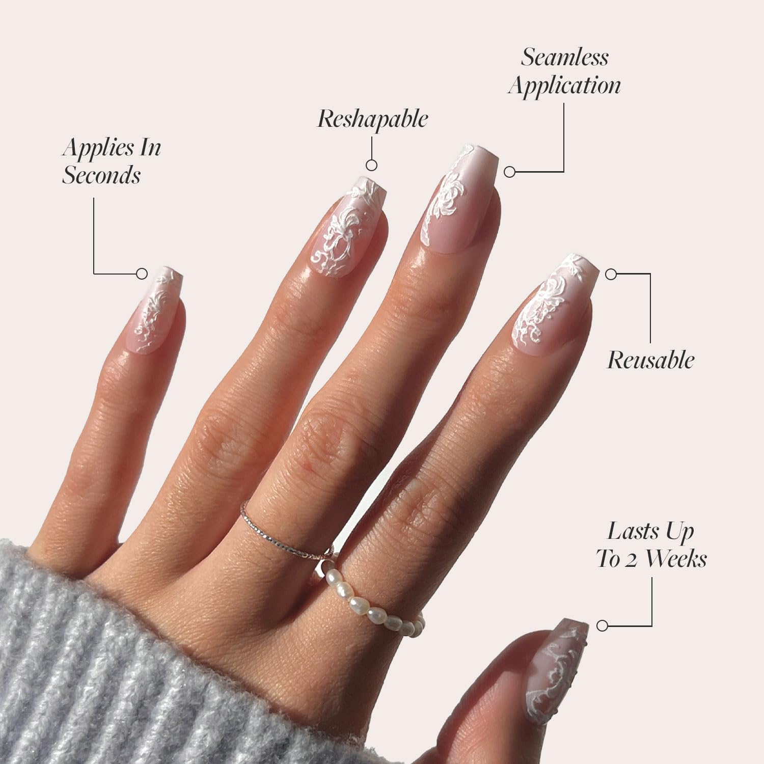 Press On Nails - Lace Blush | Glossy, Matte, Opaque, Medium Coffin Nails, with Lace Detailing, Salon Quality | 15 Sizes - 30 Nail Kit with Glue