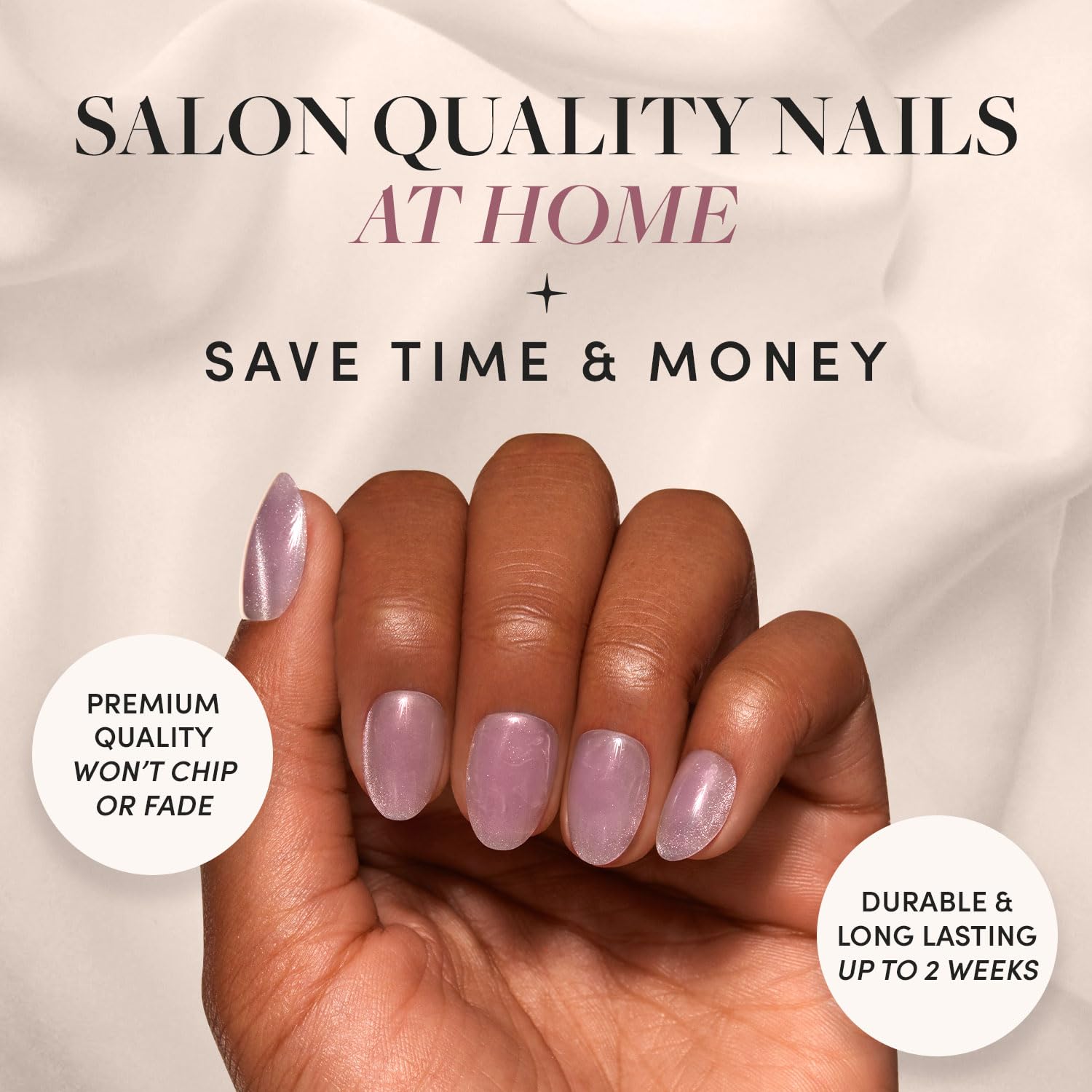 Press On Nails - Fairy Dust | Short Oval Beige-Pink Nails with a Mesmerizing Metallic Finish, Salon Quality | 15 Sizes - 30 Nail Kit with Glue