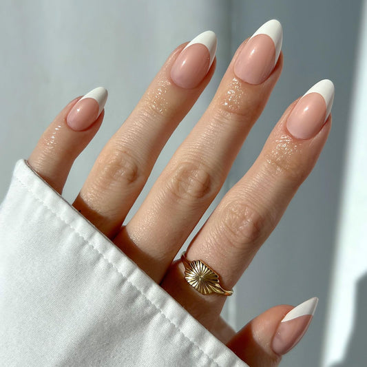 Press On Nails - MaDamn | French Tip Nails, UV Finish Short Pointed Almond Shape, Salon Quality Semi-Transparent Nails in 12 Sizes - 24 Nail Kit with Glue
