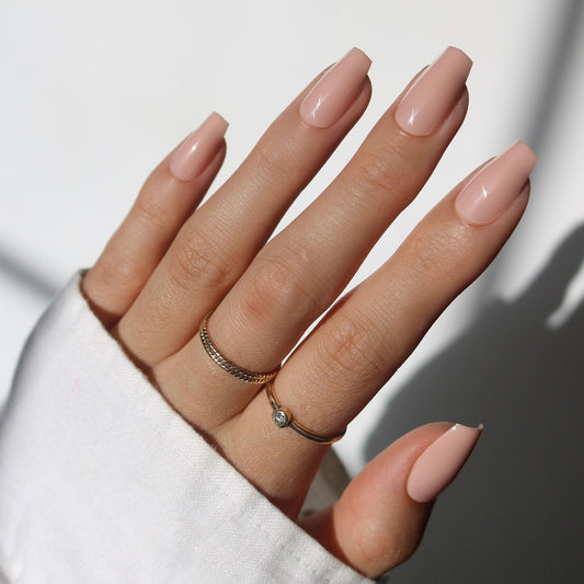 Press On Nails - Exposed | Medium Coffin Fake Nails, Nude Opaque Neutral, Salon Quality | 15 Sizes - 30 Nail Kit