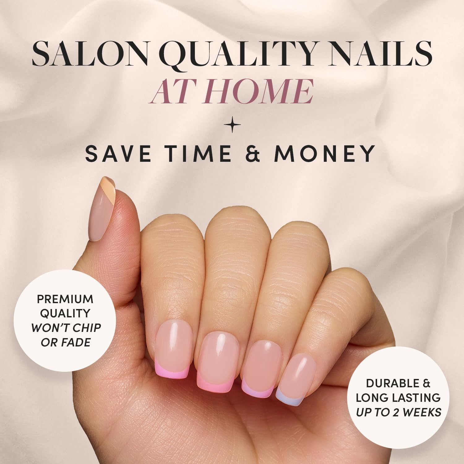 Press On Nails - Macarons | Short Squoval Fake Nails with Multicolored Pastel French Tips and Glossy Finish, Salon Quality | 15 Sizes - 30 Nail Kit with Glue