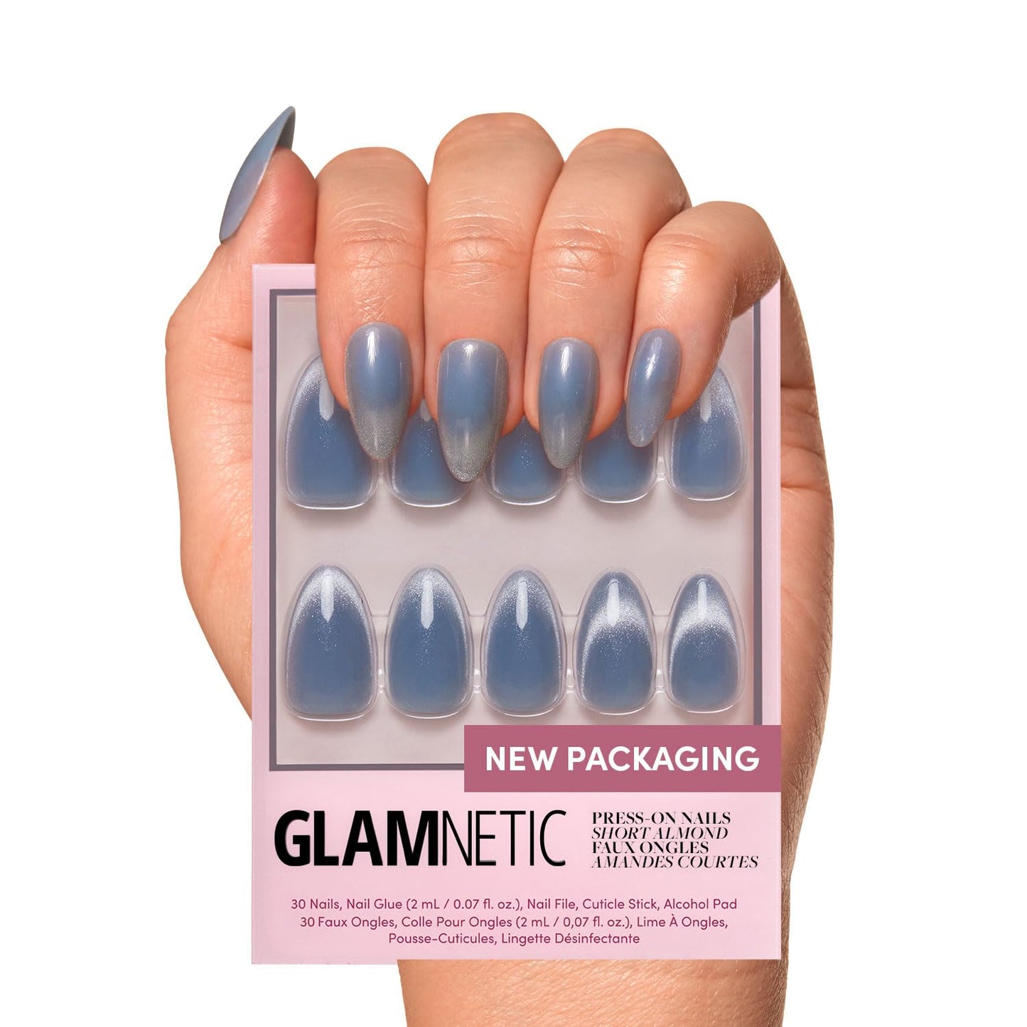 Press On Nails - Baby Blues | Short Almond, Pastel Blue Nails with a Mesmerizing Metallic Finish | 15 Sizes - 30 Nail Kit with Glue