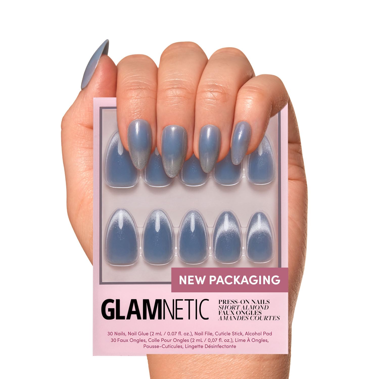 Press On Nails - Baby Blues | Short Almond, Pastel Blue Nails with a Mesmerizing Metallic Finish | 15 Sizes - 30 Nail Kit with Glue