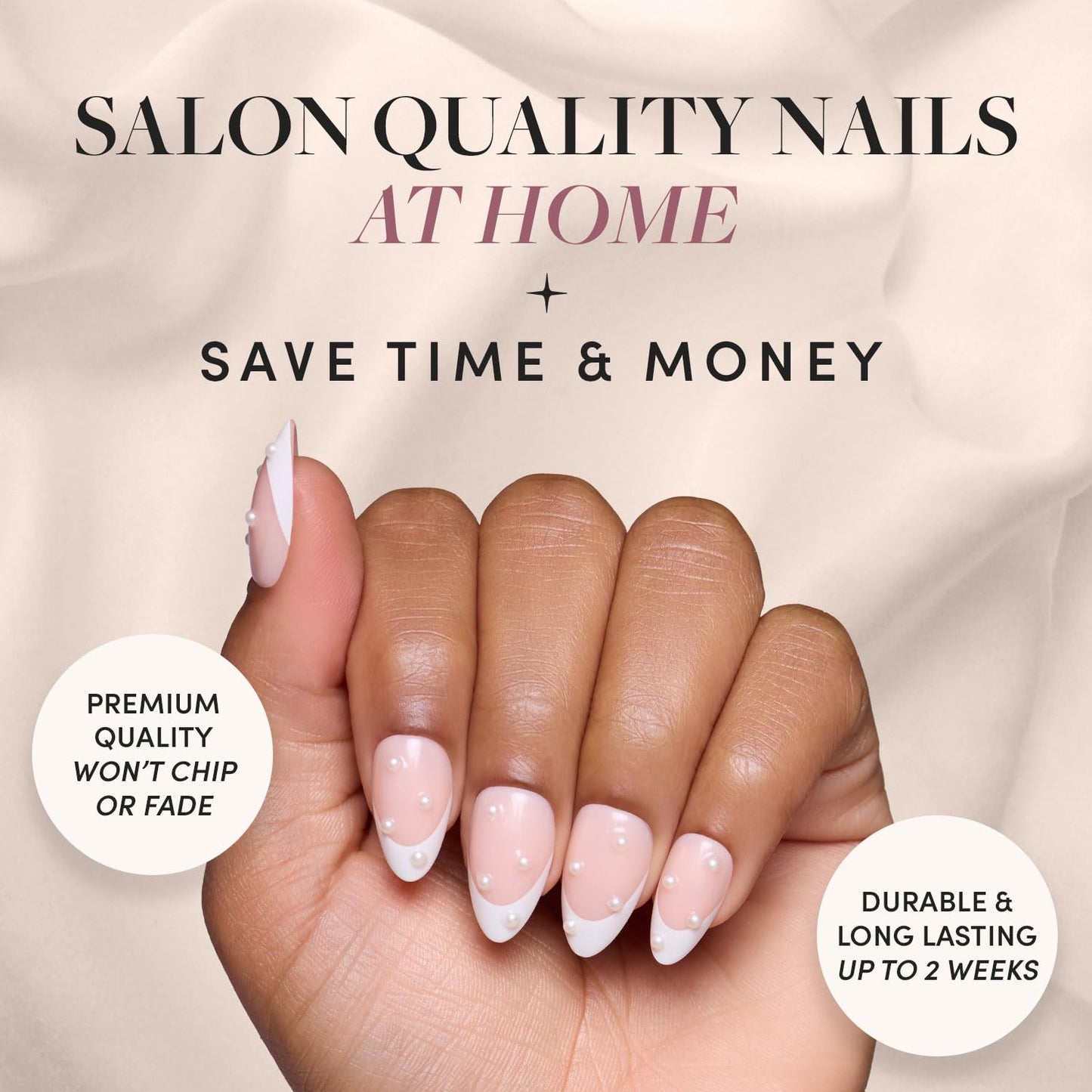 Press On Nails - French Pearl | Glossy, Short Almond French Tip Nails with 3D Accents, Salon Quality | 15 Sizes - 30 Nail Kit with Glue