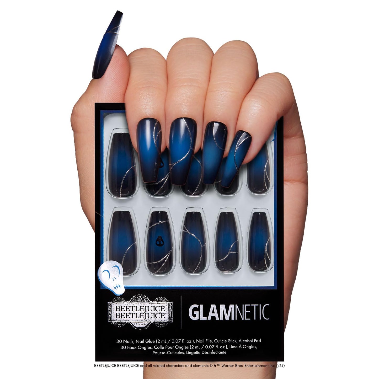 Beetlejuice Beetlejuice™ x Press On Nails - Ghost House™ | Long Coffin Black &amp; Navy Ombre Graphic Nails with Back Design in a Glossy Finish | 15 Sizes - 30 Nail Kit with Glue