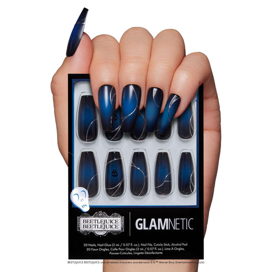 Beetlejuice Beetlejuice™ x Press On Nails - Ghost House™ | Long Coffin Black &amp; Navy Ombre Graphic Nails with Back Design in a Glossy Finish | 15 Sizes - 30 Nail Kit with Glue
