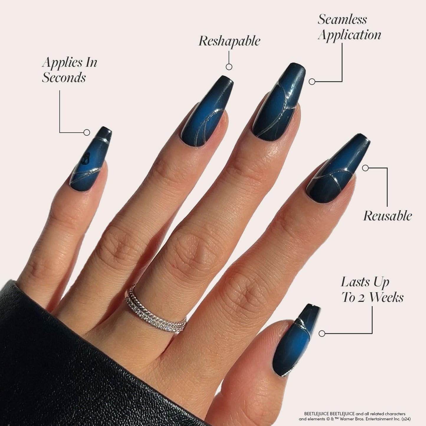 Beetlejuice Beetlejuice™ x Press On Nails - Ghost House™ | Long Coffin Black &amp; Navy Ombre Graphic Nails with Back Design in a Glossy Finish | 15 Sizes - 30 Nail Kit with Glue
