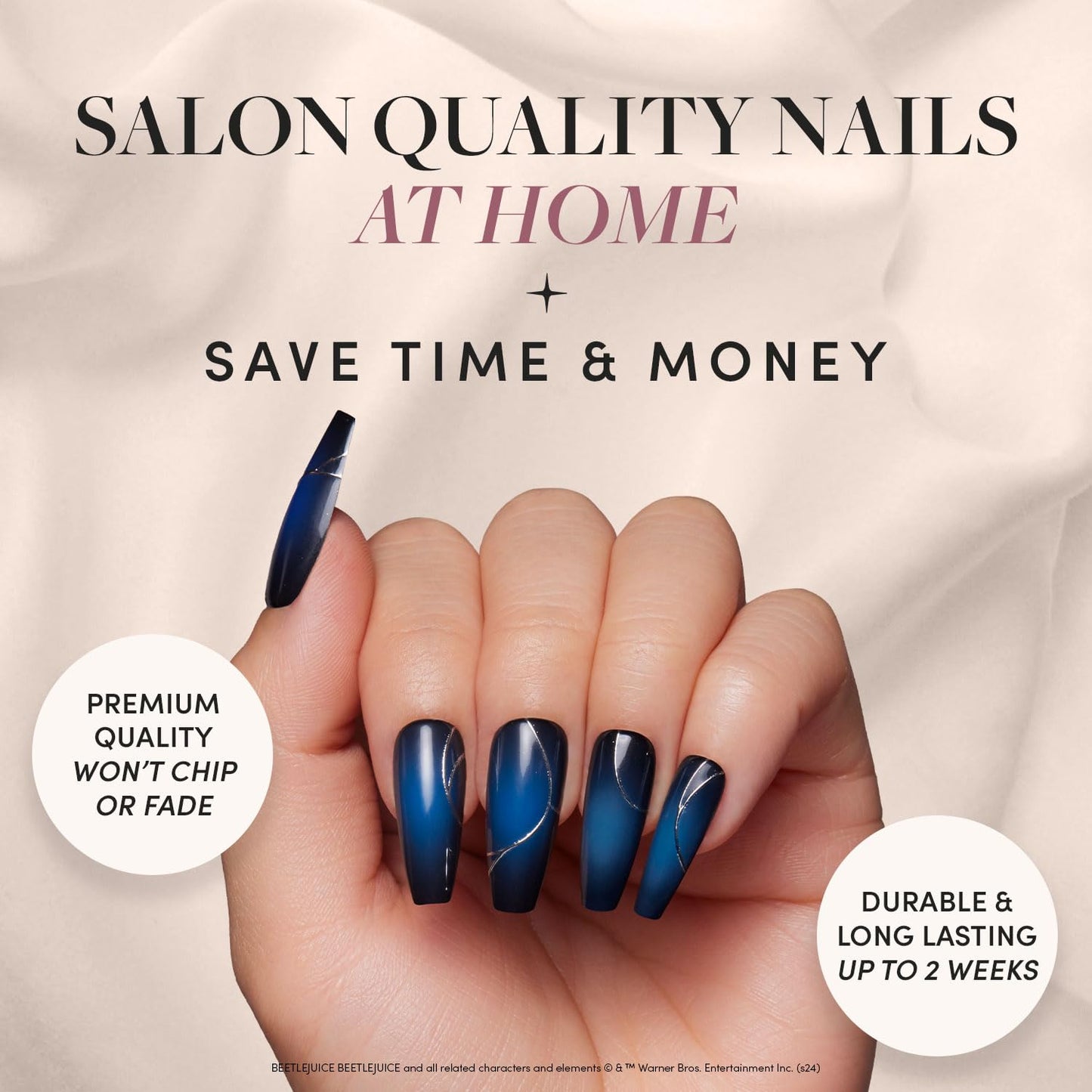 Beetlejuice Beetlejuice™ x Press On Nails - Ghost House™ | Long Coffin Black &amp; Navy Ombre Graphic Nails with Back Design in a Glossy Finish | 15 Sizes - 30 Nail Kit with Glue