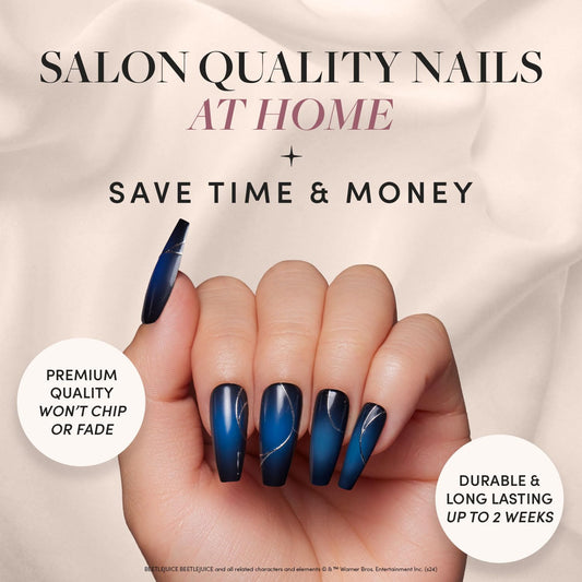 Beetlejuice Beetlejuice™ x Press On Nails - Ghost House™ | Long Coffin Black &amp; Navy Ombre Graphic Nails with Back Design in a Glossy Finish | 15 Sizes - 30 Nail Kit with Glue